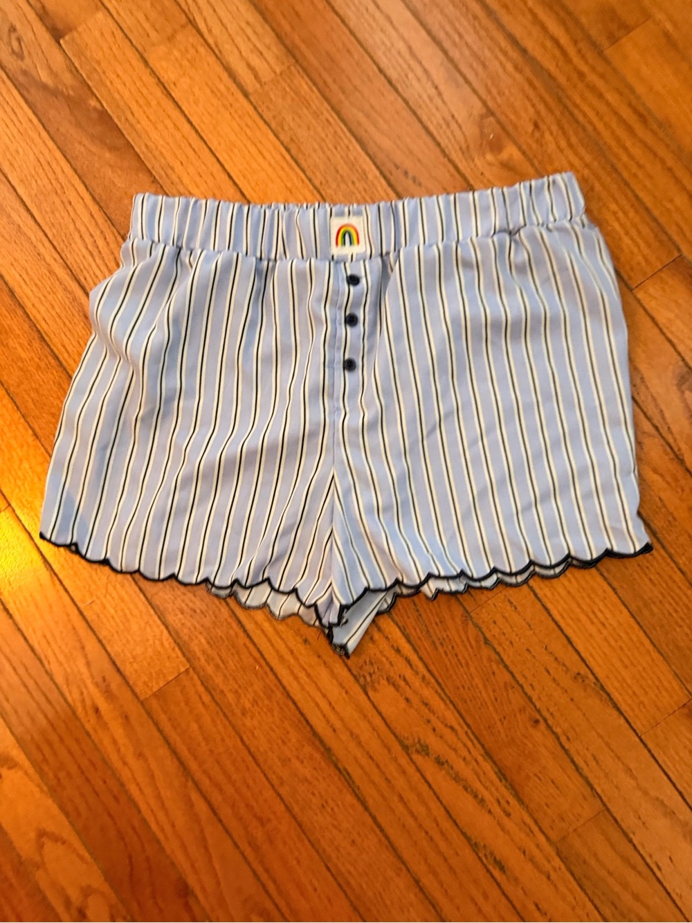 Rae Dunn Light Blue and White Pinstripe Scalloped Hem High-Rise Shorts